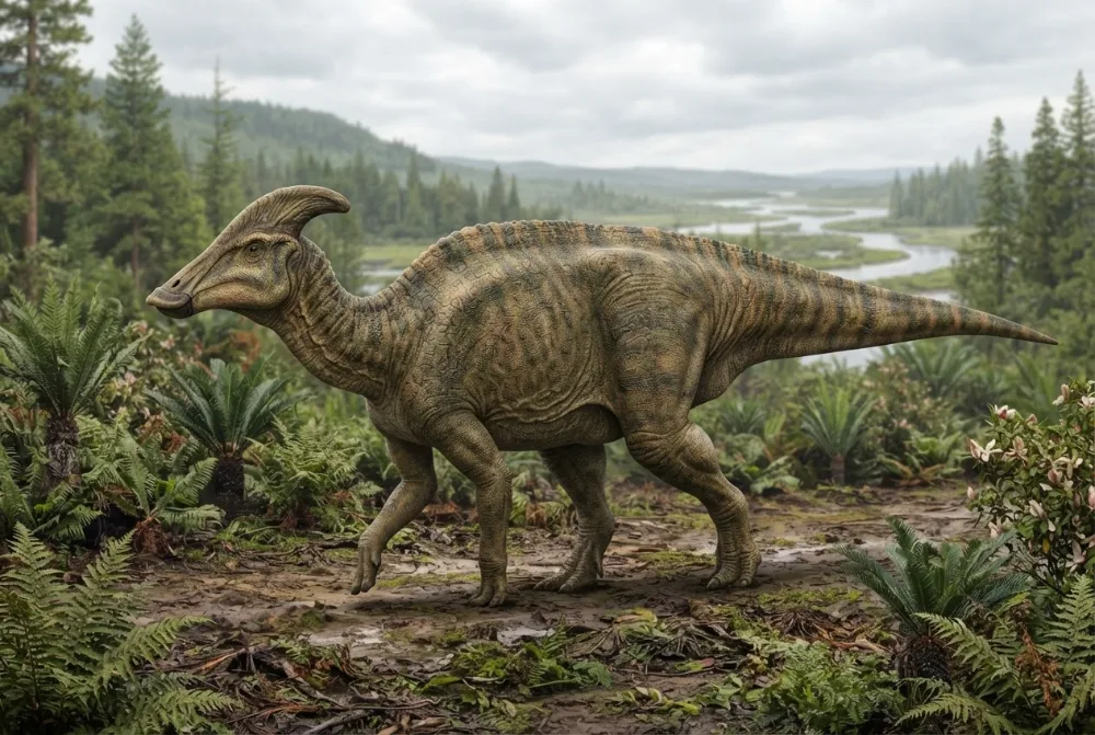 Brachylophosaurus, tehisaru joonistatud